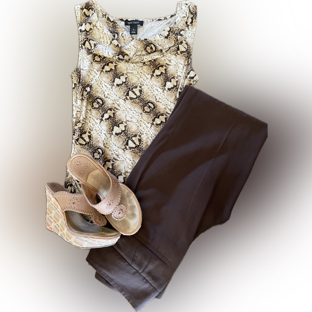 White House Black Market brown/cream snakeskin tank with ruched sides/cowl neck